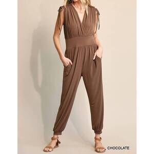 NEW BNS ruched drawstring detail jogger jumpsuit with pockets in chocolate